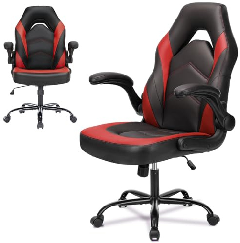 Refined Living Ergonomischer Gaming Stuhl mit klappbaren Armlehnen, höhenverstellbar (107-116 cm), 360° drehbar, PU-Leder, leise Rollen, Klappbare Armlehnen, Bürostuhl für Gaming & Home Office, Rot