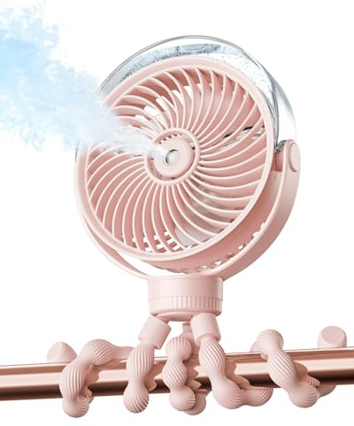 SWEETFULL Ventilador para cochecito de bebé portátil con refrigeración por pulverización, 4 velocidades, ventiladores recargables silenciosos para viajes, al aire libre, carrito de golf, asiento de