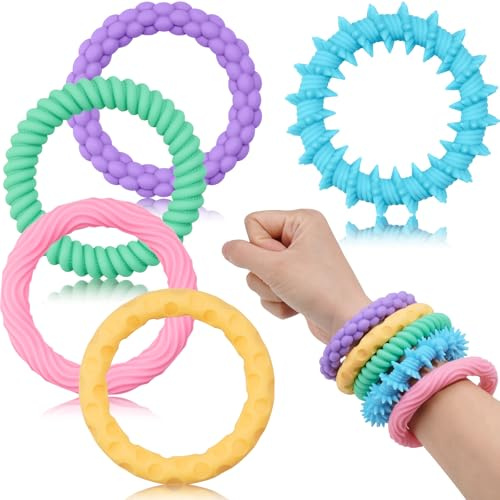 NiToy 5-Pack Macaron Colors Silicone Stretchy Bracelet Fidget Toys for Kids, Textured Design Sensory Chew Toys for Anxiety Relief and Focus, Wearable Stress Relief Band Toys for Toddlers and Children