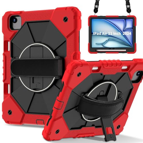 BailiTao fodral kompatibelt med iPad Air 11 (M3 2025/M2 2024) robust skyddande fodral – stöttåligt hybrid hårt skal med stativ och pennhållare (röd)