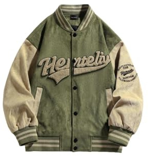 Fullneat Men's Baseball Jacket, Military Green & Beige Color Block, Embroidered Letter Logo, Cozy Warm Fabric, Retro Sporty Style, Perfect for Fall & Winter Streetwear, Casual & Daily Wear Unisex L