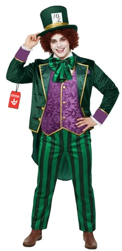 Morph Deguisement Chapelier Fou Homme, Costume Halloween Homme | Veste Velours, Gilet Brocart, Pantalon Rayé & Haut-de-Forme, Look Excentrique, Parfait pour Halloween, Idéal pour se Déguiser