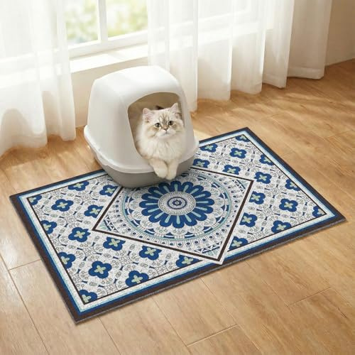 Tappetino per lettiera Bohemian Kitty 60 x 43 cm, tappetino per lettiera antiscivolo e lavabile, tappetino per cibo per gatti facile da pulire per controllare gli schizzi, protezione per il pavimento