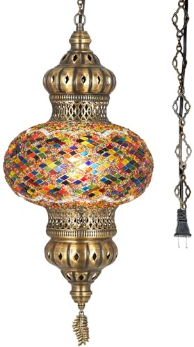 DEMMEX 10 Diameter XL Mosaic Globe Turkish Moroccan Hanging Pendant Lamp, Plug-in Ceiling Light with 15 ft Chain & Cord, 2.5 ft Hanging Height, No Wiring, Handmade (Multicolor)
