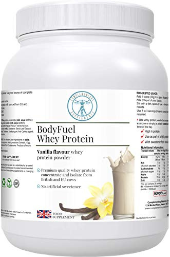 Complementary Supplements - BodyFuel Whey Protein Isolate & Concentrate Vanilla Flavour – NO Artificial Sweeteners - NO GMOs - Vegetarian, 600g powder