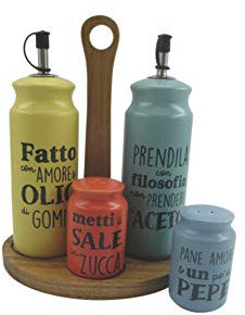 Villa d’Este Home Tivoli Idee-Juego de condimentos de gres con Base de Madera, Multicolor, Oliera e acetiera: Ø 6,5 x h. 19 cm Dosasale e dosapepe: Ø 5 x h. 8 cm Stand: l. 19 x p. 16 x h. 22,5 cm