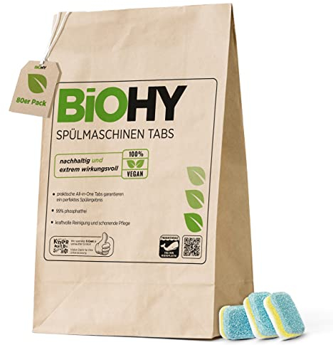 BiOHY All-in-One Spülmaschinen Tabs (80 Tabs) | Phosphatfrei |Für die tägliche Reinigung von Geschirr & Besteck | Gegen hartnäckigste Fett- & Essensreste | Kraftvolle Öko Geschirrspültabs