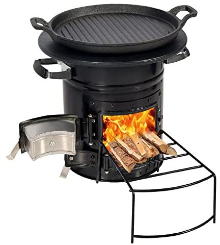 Lineslife Rocket Stove Wood Burning Portable for Backpacking, Charcoal Camping Stove with Handle and Carry Bag for Outdoor, Cooking, Survival, Black (12.6 Stove Top with Two Doors and Grill Pan)
