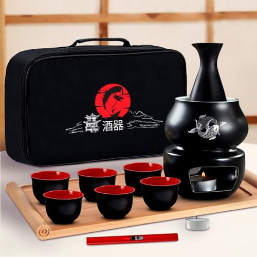 Japanisches Sake-Set mit Stövchen, 11-teilig, 6 Sake-Becher, nicht elektrischer Sake-Wärmer, Sake-Flasche, Bambus-Sake-Flugtablett für Sake-Becher-Set,Bomben-Geschenkset für chinesisches Sake-Set