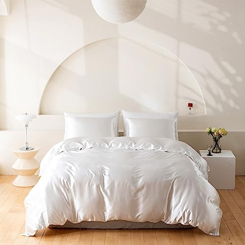 Wotcsil Set Copripiumino in Raso Matrimoniale 220x240 Bianco Biancheria da Letto in Raso Setoso Set di Seta Lusso Tinta Unita Poliestere Lucido Copripiumino Letto 220x240 cm con Federa