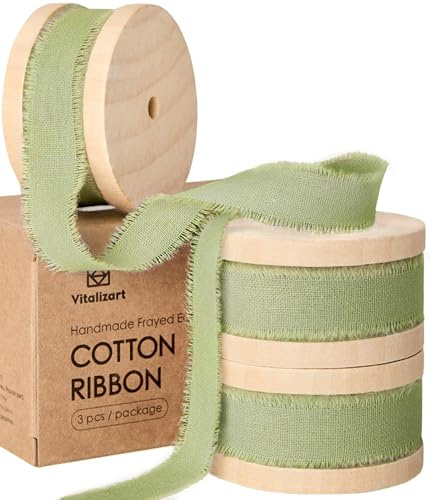 Vitalizart Natural 100% Cotton Ribbon 5/8 x 21Yd Sage Green, 3 Rolls*7Yd Handmade Fringe, Fabric Ribbons for Wedding Invites Bridal Bouquets Gift Wrapping Holiday Decoration