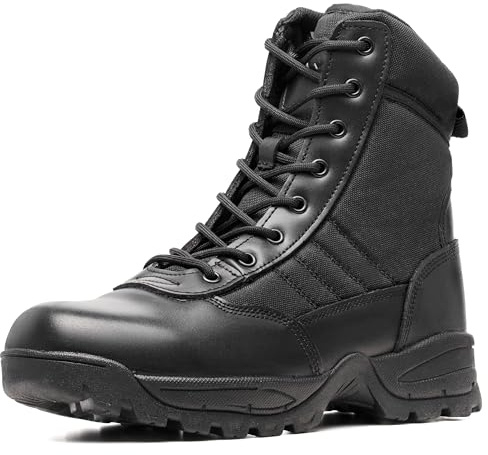 WIDEWAY Men's Tactical Military Work Boots Black Waterproof Leather Motorcycle Combat Army Boot w/Side Zipper slip resistant and All Day Comfortable (6-8inch)