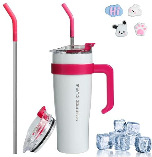 Euakee 40oz Mug Isotherme, 1182ml Sans BPA Tasse à Café Acier Inoxydable, Café avec Paille et Poignée, Double Isolée Tasse Isotherme, Travel Mug Tumbler, Tasse Cafe Voyage (Blanc)