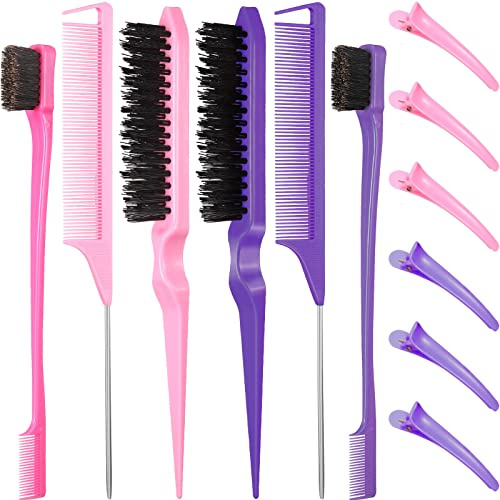 12 Piezas Cepillos Para El Cabello De Nailon, 3 Filas Cepillo Para El Cabello De Doble Cara, Peine Suave, Peines De Cola De Rata Con Clips De Pico De Pato Para Mujeres y Niñas (Morado, Rosa)