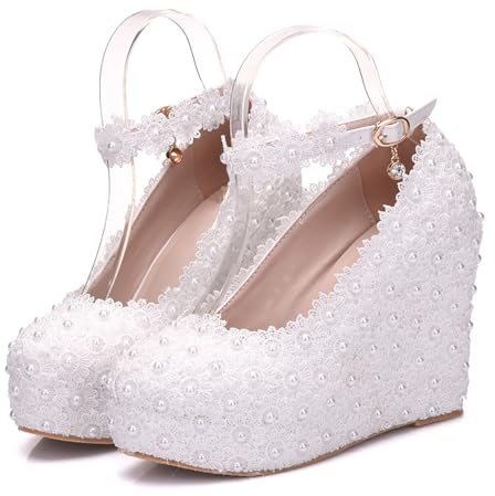 ABJGHYUT Chaussures de Mariage en Dentelle Blanche Chaussures compensées à Talons compensés Chaussures compensées à Bout Rond Escarpins Chaussures de mariée,Blanc,37