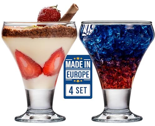 Crystalia Luxury Eisbecher Glas 305ml Eisschalen 4er Set 100% BLEIFREI Dessertschalen mit Fuß, Spülmaschinenfest, Trifle Parfait Eis und Dessertbecher, Eiscremegläser, Pudding Schalen, Sorbet