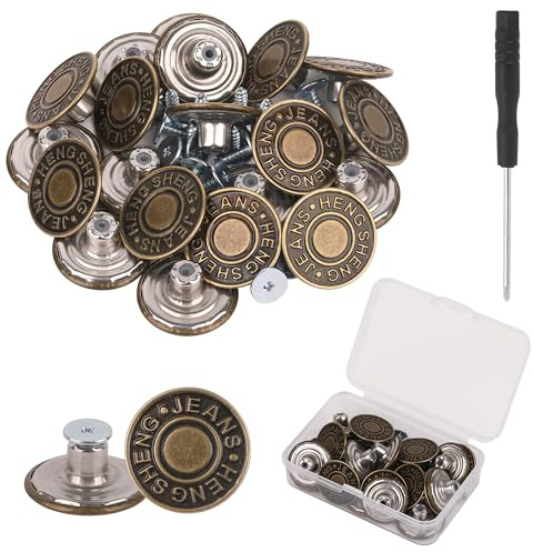 Trimming Shop 20 Set 20mm Metal Jeans Buttons Replacement Kit with Hand Screwdriver - Waist Tightener for Trousers, No Sew Adjustable Removable Instant Clip Snap Pins Button for Jeans, Pants, Trousers