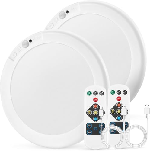 Bojim Plafon LED Recargable con Sensor de Movimiento, 6000 mAh Lamparas de Techo Regulable a Pilas sin Cables, IP44 Luces para Ducha con Mando sin taladro, 2 Piezas