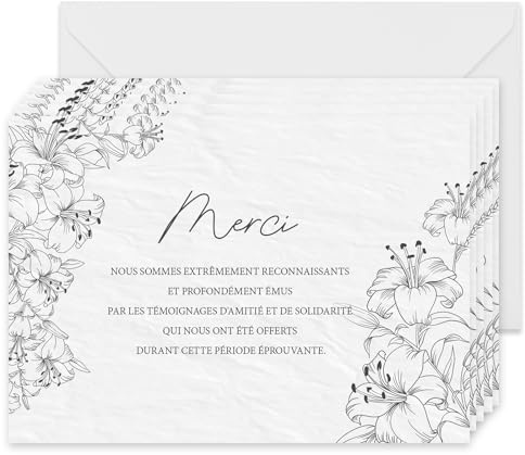 FloraVigo Lot de 25 cartes de condoléances + 25 enveloppes blanches - Cartes de remerciement pour deuil - Condoléances pour un décès, des funérailles ou un enterrement - Format A6 (14,8 x 10,5 cm)