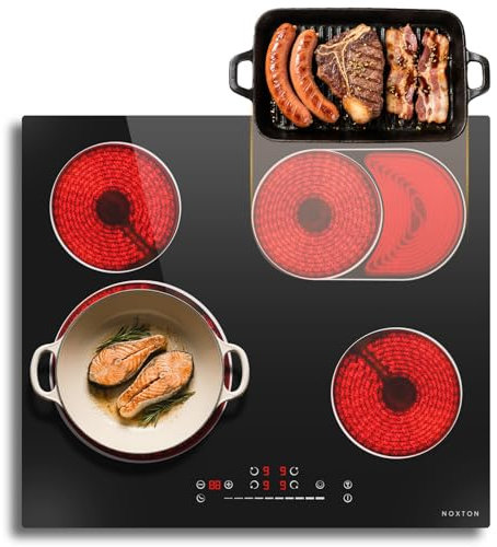 Noxton Piano Cottura Elettrico 4 Fuochi con Oval Zone, 6600W Piano Cottura Vetroceramica Incasso con Flessibile Zona, 60cm Piastre Cottura in Ceramica di Scorrimento, Zona Doppio, Booster, Timer