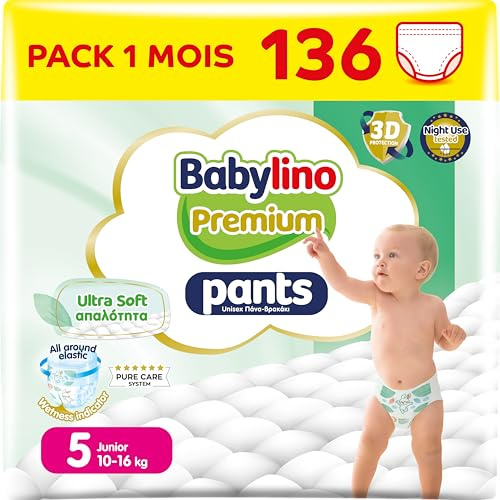 Babylino Premium Pants, Couches culotte Taille 5 avec filtre ULTRA SOFT, Junior (10-16kg), 136 unités