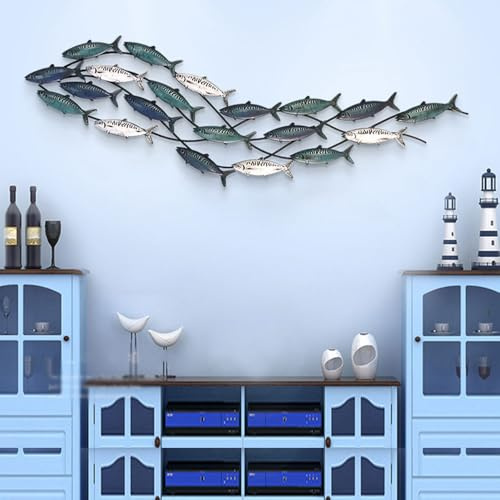 simdennr Fischschwarm-Metall-Wanddekoration, großer Fischschwarm, handgefertigte Metall-Wandskulptur, Wanddekoration für Wohnzimmer, Zuhause, 150 x 42 cm