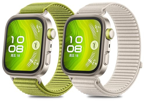 MIJOBS 2 nylonremmar kompatibla för Huawei Watch Fit 3/4/4Pro ersättningsarmband, klocktillbehör, lätt, mjuk, bekväm, tvättbar, andningsbar, snabbtorkande, unisex, Officiell grön och Starlight vit