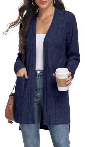 PrinStory Chaqueta de punto ligera de manga larga para mujer, elegante cuello en V, con bolsillos
