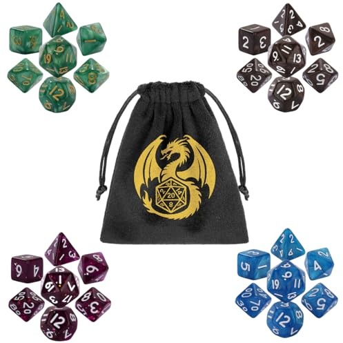 Mini Polyhedral Dice Set, Four-Colors Dice Sets with D4 D6 D8 D10 D% D12 D20, Acrylic Material, DND Starter Set, Dice Set with Dice Bag, Role Playing Board Games Accessories, Coffee+Blue+Green+Purple