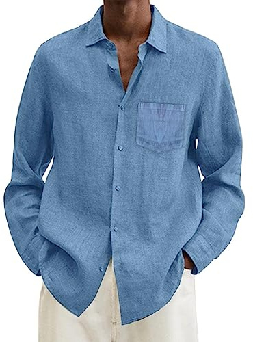 Camicia da uomo in lino oversize vintage a manica lunga in cotone e lino, a revers, in mussola, camicia casual, comoda, a maniche lunghe, a grandezza estesa, per uomo, O celeste, XXXXL