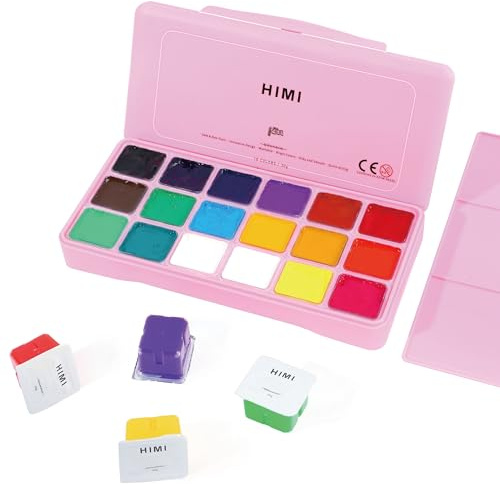 INK LAB HIMI Gouache Farben Set 18 Farben x 30 ml Gouache Paint Ungiftige Einzigartiges Gelee Cup Design mit Palette für Künstler Studenten Kinder