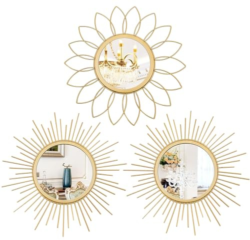 Uaussi - Juego de 3 Espejos Dorados para Pared de Metal Efecto Sol, decoración de Pared Colgante para Sala de Estar, Dormitorio, Entrada