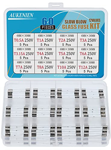 AUKENIEN 12 Värden 60 Styck 6,3x32 6x30 MM Säkringar Glasrörssäkring Slow Blow 250V T 0,5A 1A 2A 3A 3,15A 4A 5A 6A 7A 8A 10A 12A slow blow Glass