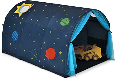 COSTWAY Kinderspielhaus, Kinderzelt mit Fenster & Tasche, Spielzelt mit doppeltem Vorhang, Spielhaus Kinder Indoor & Outdoor, Kinderspielzelt für Jungen und Mädchen(Blau)