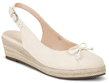 Coutgo Womens Closed Toe Espadrilles Wedges Shoes Platform Slingback Mid Low Heel Canvas Bow Dress Sandals, Beige, Size 8