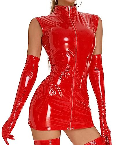 Women Sexy Tank Leather Dress, Gloves Not Included, Wetlook, Plus Size, Shiny Latex Hip Skirt Red