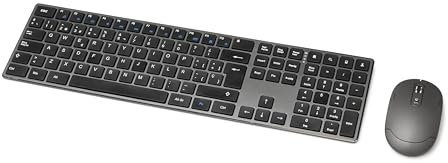 Amazon Basics Teclado ultrafino de tamaño completo y ratón inalámbrico, silencioso y recargable con teclado numérico, ES/MX Layout Gray, color negro