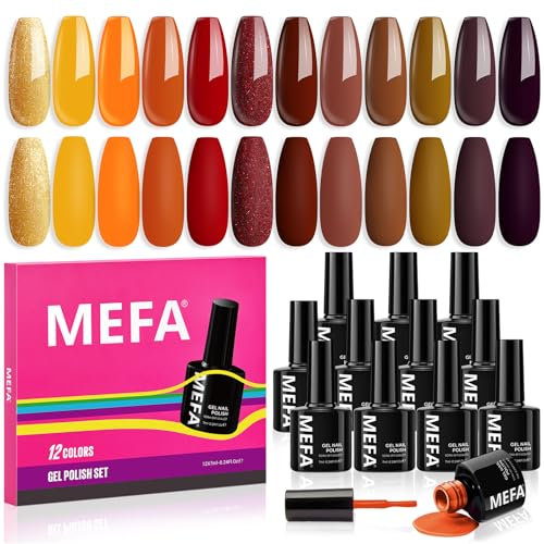 MEFA Vernis Semi Permanent Marron, Kit Ongle Gel UV Complet 12 Couleurs Jaune Rouge Marron Orange Kaki Terracotta Paillettes, Kit Vernis Semi Permanent d'Automne Nécessitant une Lampe UV