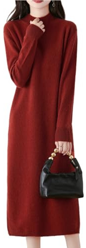 Ailaile Vestido de punto 100 % de lana merina, para mujer, manga larga, cuello alto falso, acanalado, para otoño e invierno, Rojo ladrillo, M