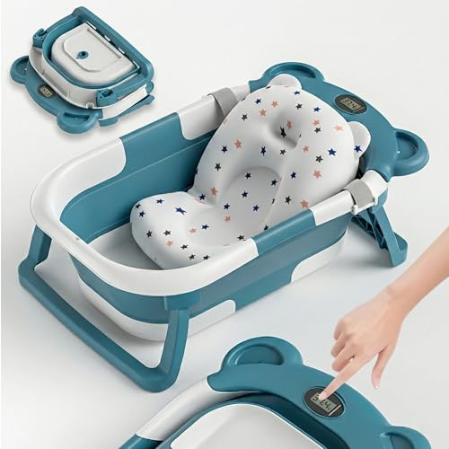 Hopfällbart Babybadkar Med Badkudde Och Inbyggd Termometer - Babybadkar Med Gratis Badställ - Perfekt Present Till Flickor Eller Pojkar - Redan Från Födseln