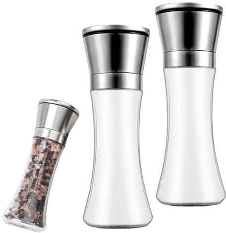 Salz und Pfeffermühle 2er Set, Gewürzmühlen mit Verstellbarem Keramikmahlwerk, Edelstahl Glas Pfeffermühle Salzmühle für Grobes Salz für Verschiedene Gewürze