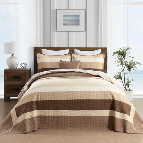 Finlonte 100% Cotton 102x120 Oversized Queen Bedspread, Oversized Queen Quilted Bedspread Coverlet Extra Large Quilt Set, Stripe Farmhouse XL Bed Spread Lightweight Comforter, Brown/Beige, 3 pcs