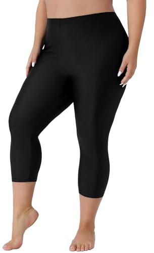 ATTRACO Ladies UPF 50+ Plus Size Swim Leggings Board Shorts Stretch Capris 3/4 Length Leggings Black 4XL