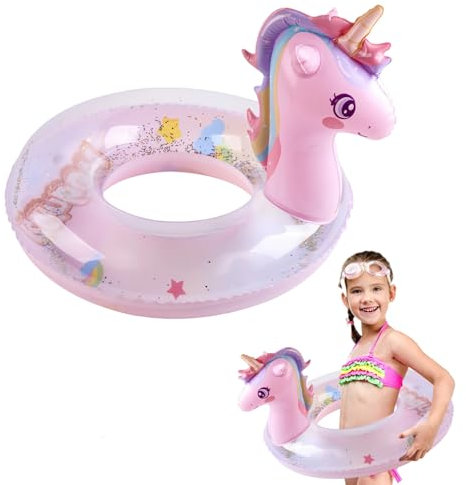 FAINCA Unicorno Gonfiabile Swimming Ring, Paillettes Glitterate Anello Per Il Nuoto, con Pompa Ad Aria Anello di Nuoto per Bambini, Adatto per Piscina, Spiaggia, Vacanze Estive 110 * 50 * 70 cm