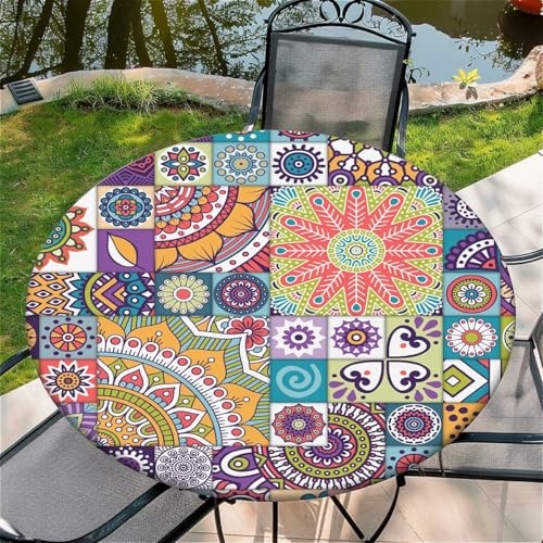 Outdoor Runde Tischdecke mit Gummizug Ø 36(90cm) - Elastisch Garten tischdecke mit Vintage-Design Muster Passend für 75-85cm breite Tische