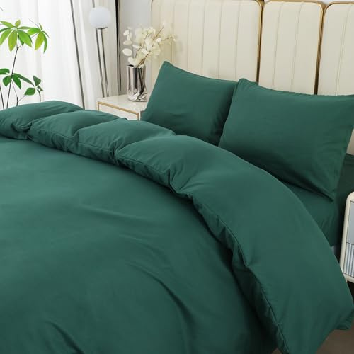 DECODEKO Juego Funda Nórdica 4 Piezas para Cama 135 - Funda Nordica 220x220cm, Bajera 135x200cm, 2 Fundas Almohada 50x75cm, Color Verde Oscuro, Microfibra Suave Transpirable