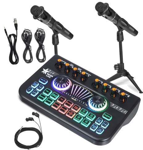 Hemobllo Estudio de Producción de Audio con Micrófonos Profesionales y Mezclador Dj Tarjeta de Sonido para Streaming Grabación Podcast y Gaming con Efectos de Voz Creativos