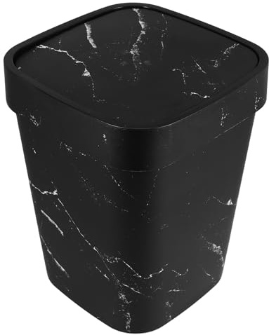 TOYANDONA Papelera Pequeña de Plástico con Tapa Abatible Diseño Mármol Negro, Cubo de Basura Estrecho para Cocina, Baño y Sala de Estar, Bote de Basura Funcional para Hogar y Oficina