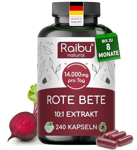 Barbabietola Rossa 14.000 mg al Giorno - 240 Capsule, fino a 8 mesi di fornitura - Barbabietola Rossa Integratore, Estratto 10:1 - Supporto all’Ossido Nitrico - Vegano, Senza Stearato di Magnesio