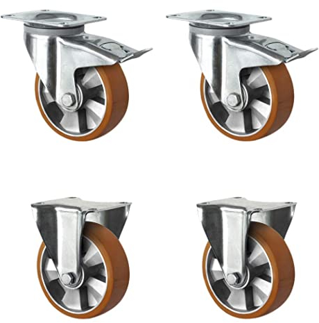 CASCOO SETTHFH160BAU5D0N Rollensatz 2 Lenkrollen mit Feststeller, 2 Bockrollen, Aluminiumfelge, Polyurethan, Durchmesser 160 mm, Schwerlast, Doppelkugellager, Traglast 1500 kg (4-er Pack)